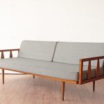 Wood Frame Mid Century Sofa Blue Grey Cushions 18x24 Wood Frame