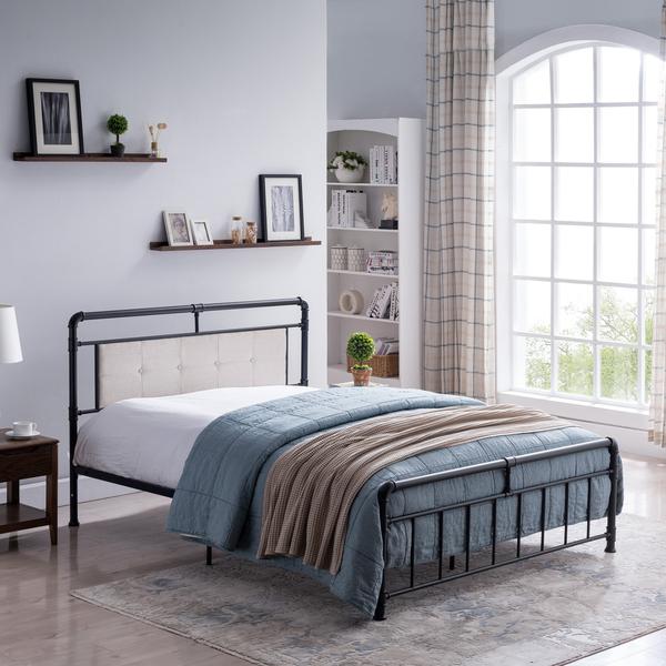 Queen-Size Iron Bed Frame, Upholstered Headboard, Industrial
