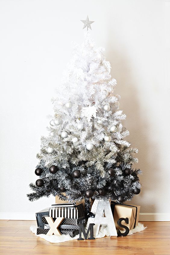 ombre black and white tree with corresponding glitter ornaments