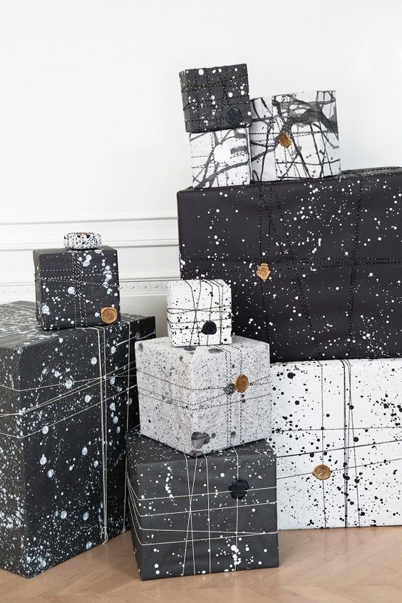 splatter black and white gift wrapping is unusual