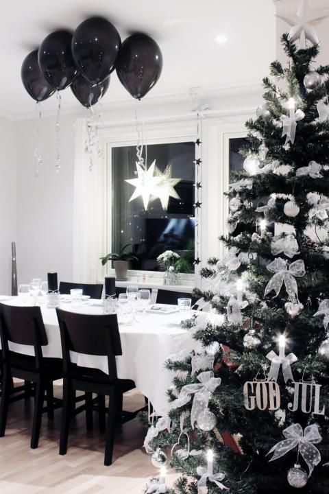 modern black and white Christmas decor, black balloons up