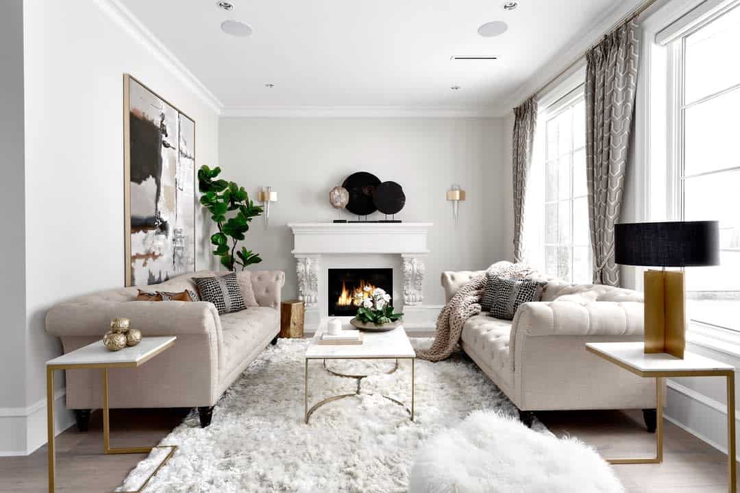 Vintage living room floor carpet with white fireplace and gray sofa
