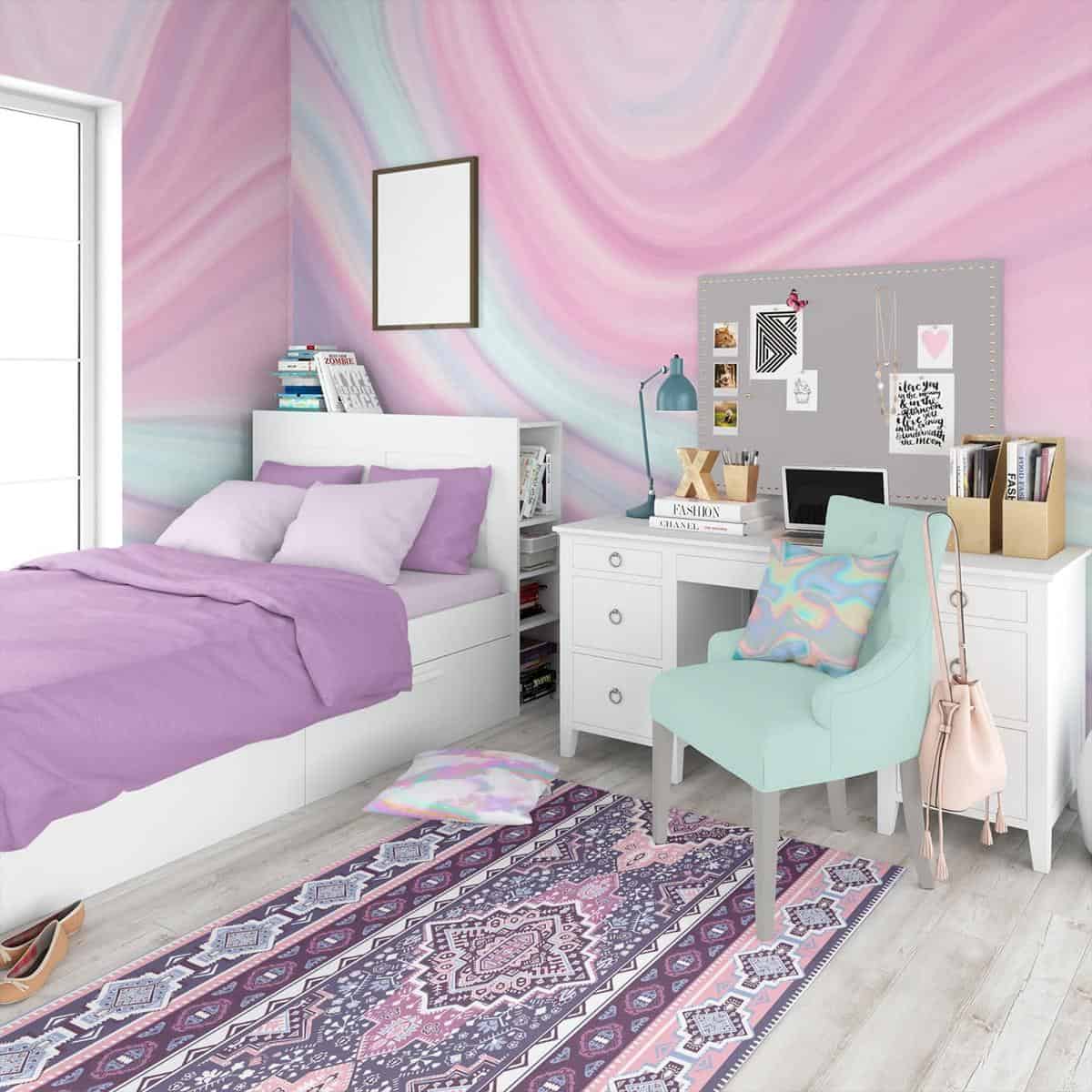 Girl's room with swirly purple and pink accent wall 