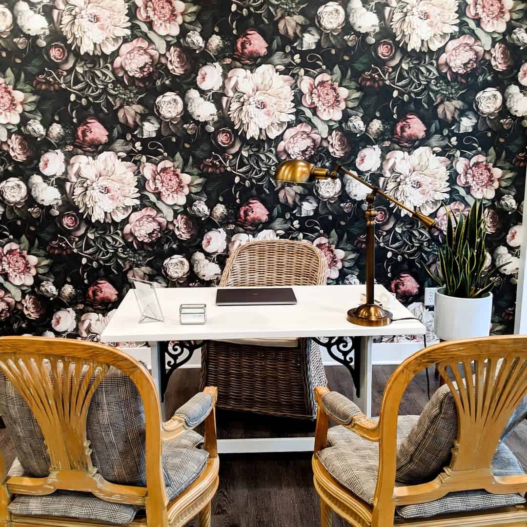 Floral wallpaper in a small office