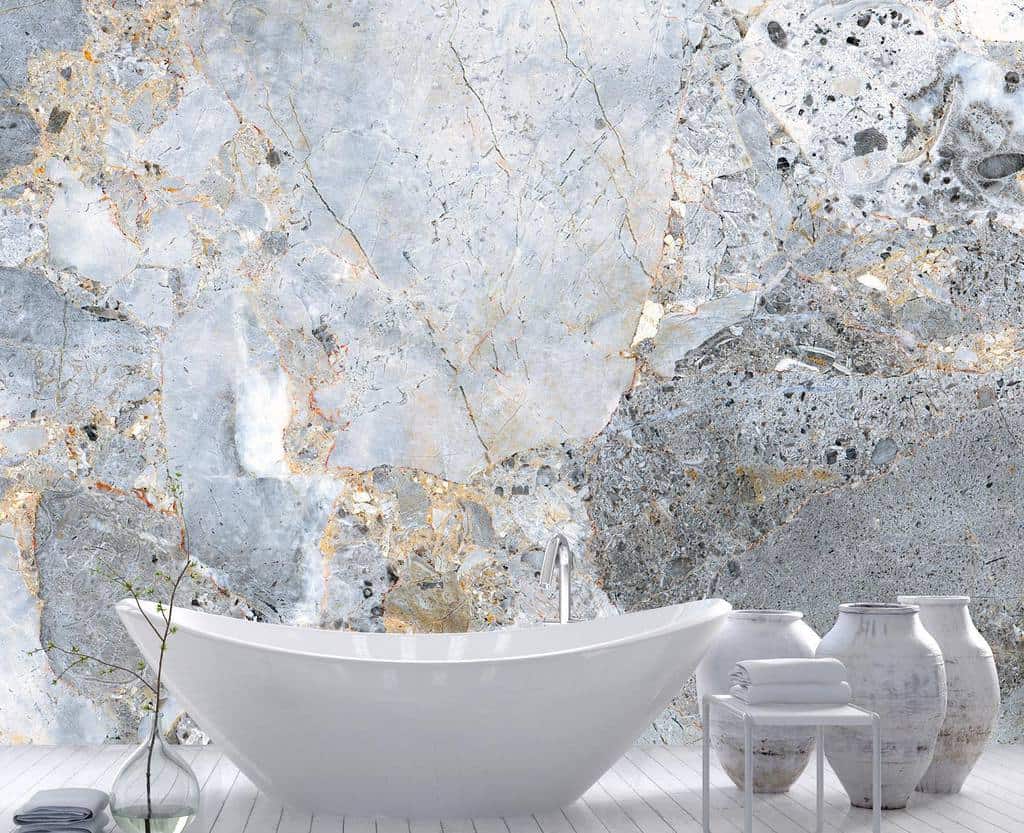Unique stone wall mural for bathroom with freestanding white bathtub 