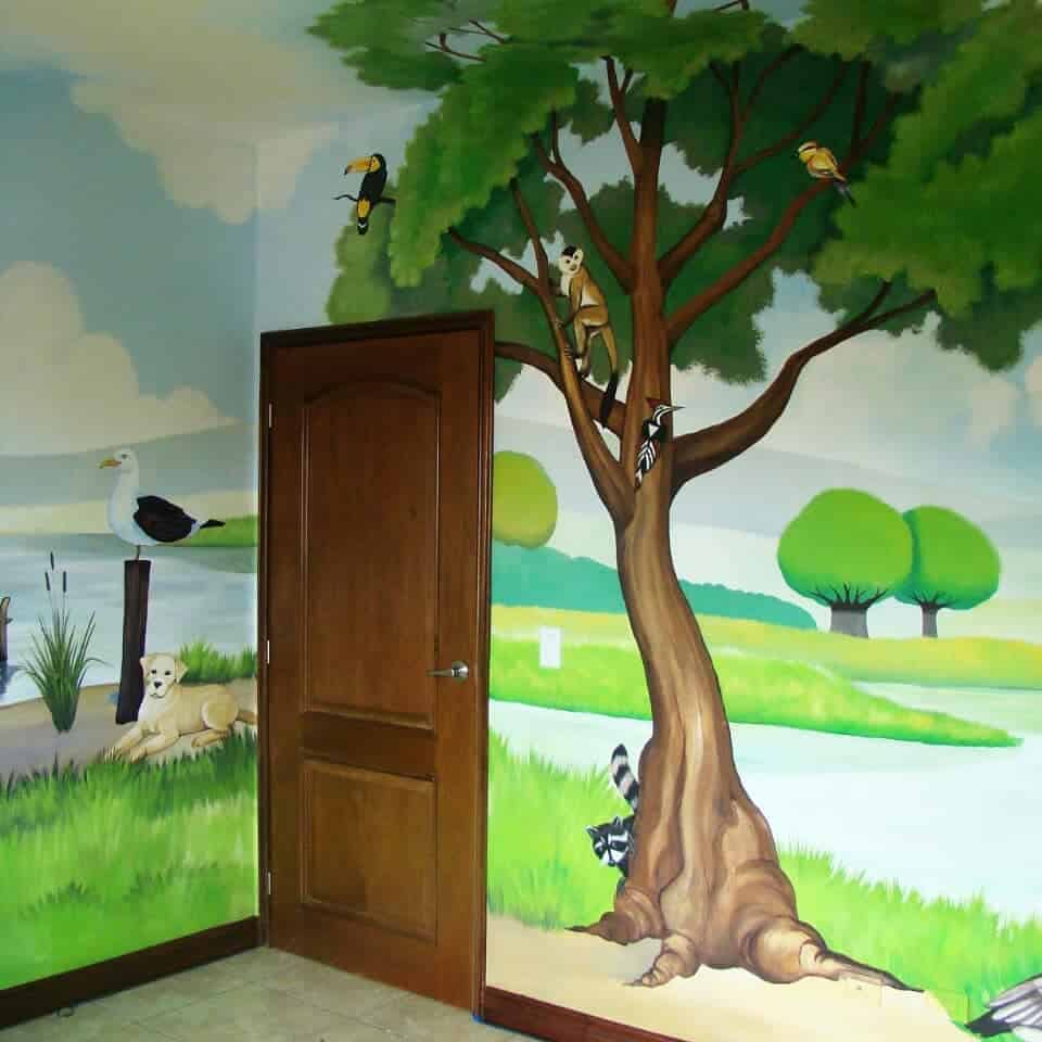 Hand-painted forest scene mural for children 