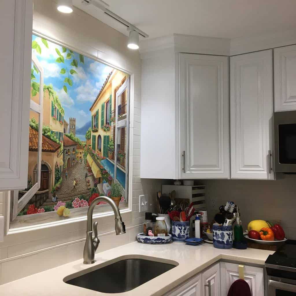 hand painted wall decoration with city scene, white kitchen cabinet 