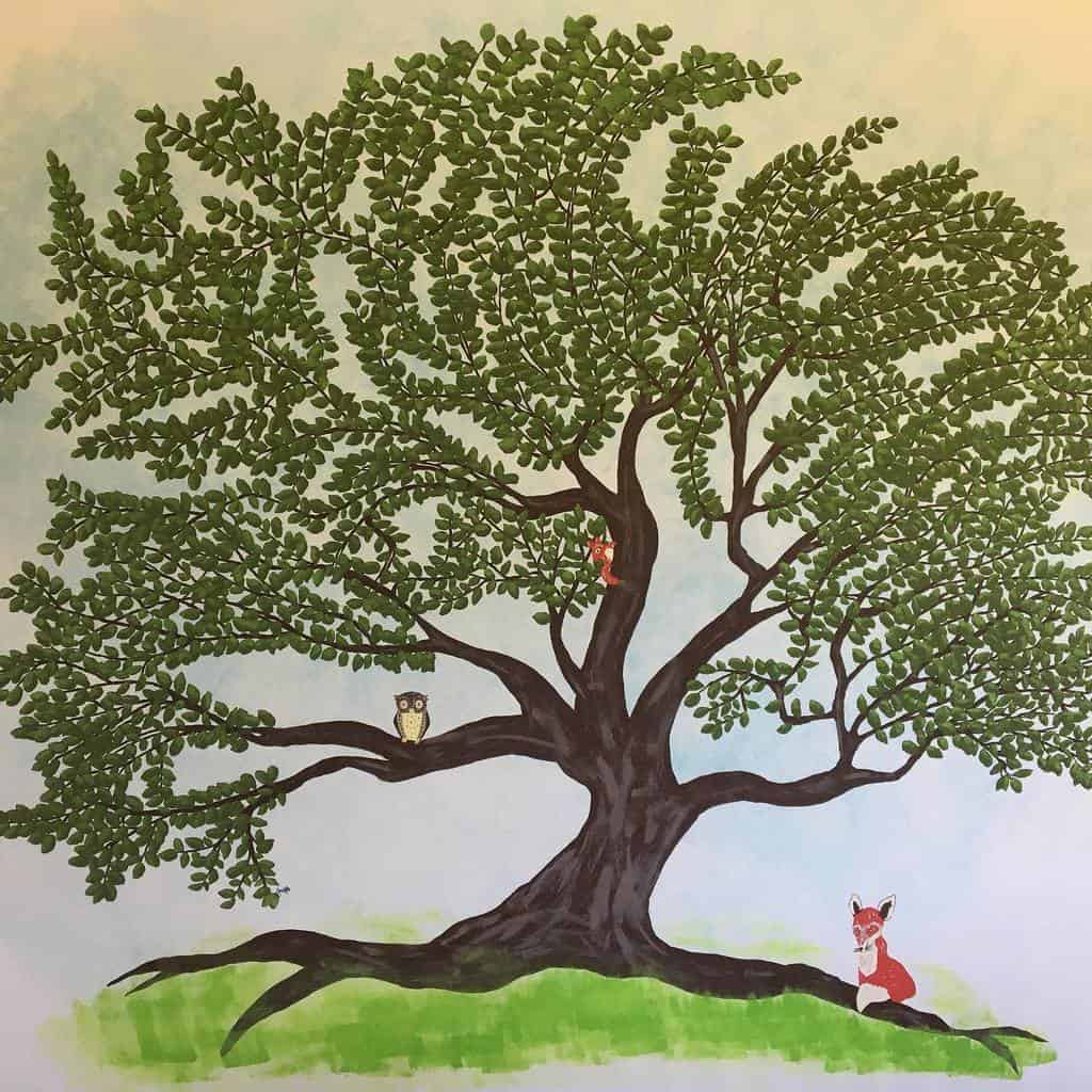 Large tree mural with owl fox and squirrel 