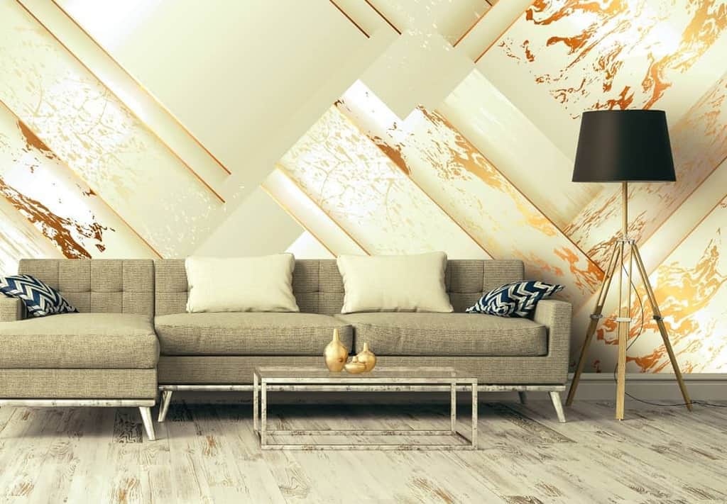 abstract wallpaper living room gray sofa black lamp 