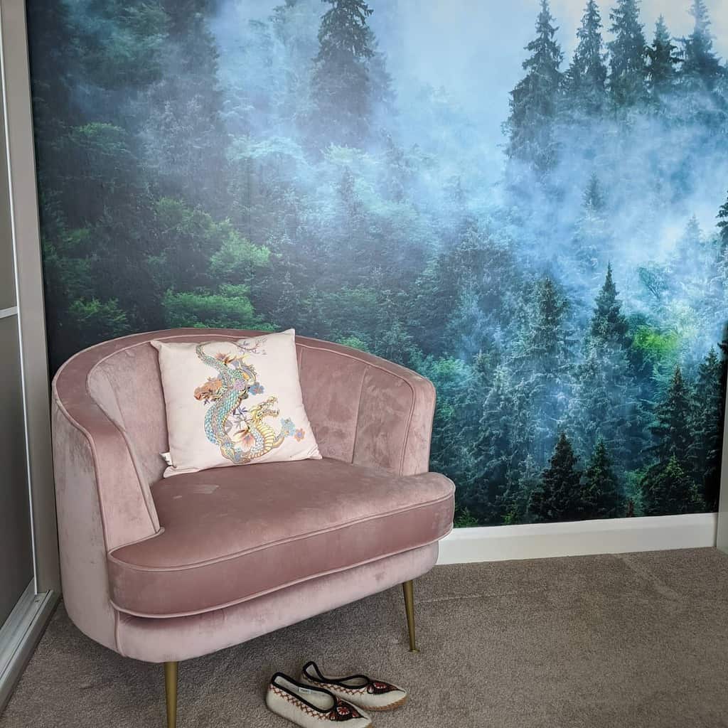 Forest wallpaper, purple velvet accent chair with Chinese dragon pillow 