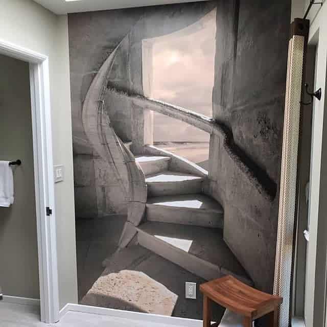 incredible stair wallpaper, small wooden stool 