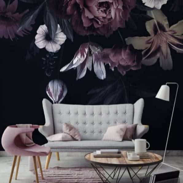 Floral wallpaper, gray sofa, pink accent chair, living room 