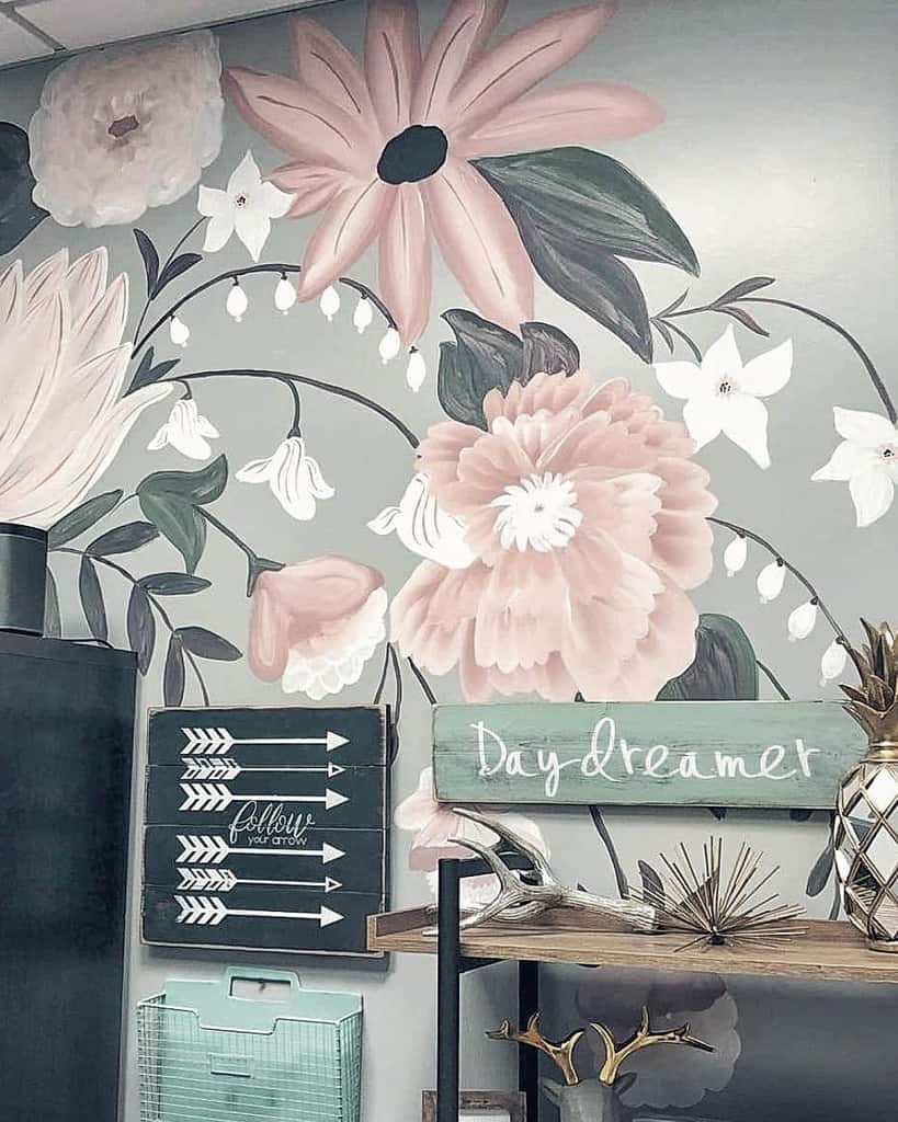 painted floral photo wallpaper with daydreamer sign 