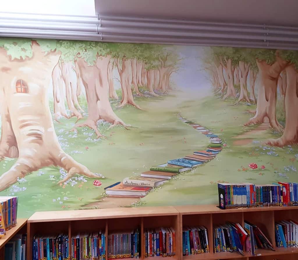 Forest with book path mural, school library 