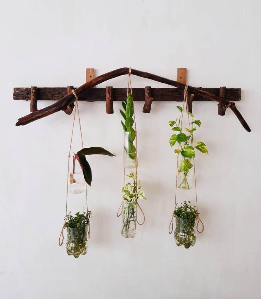 Wooden wall hanger with plants