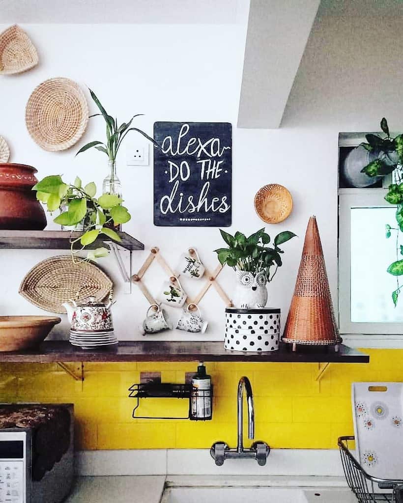 Yellow brick backsplash kitchen wall shelf for hanging cups
