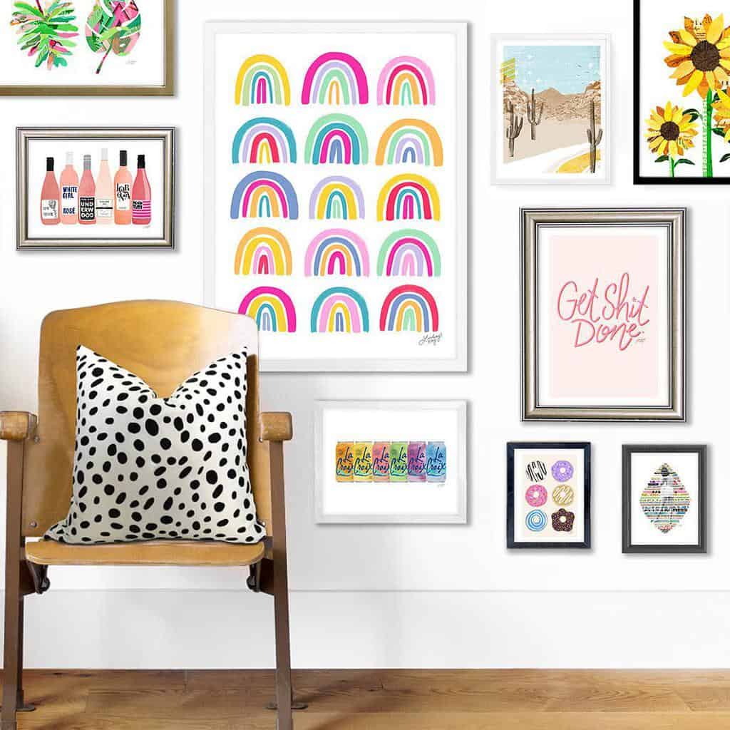 Colorful framed wall art chair with light brown accent 