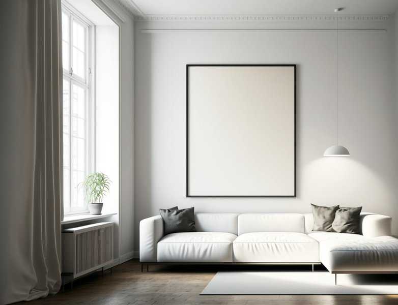 Large blank white painting on the wall in a minimalist room