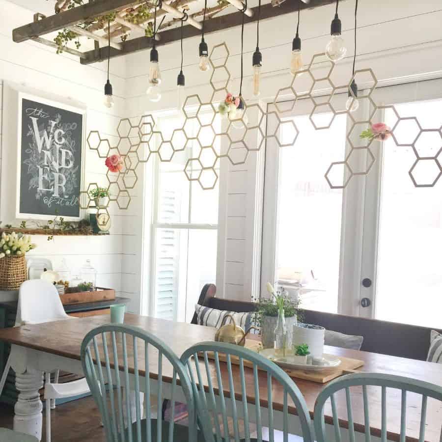 Modern farmhouse dining room with abstract ceiling decor