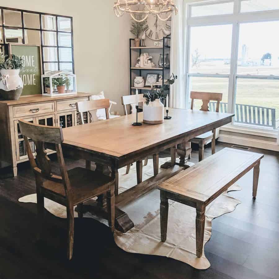 Rustic wooden table in farmhouse dining room 