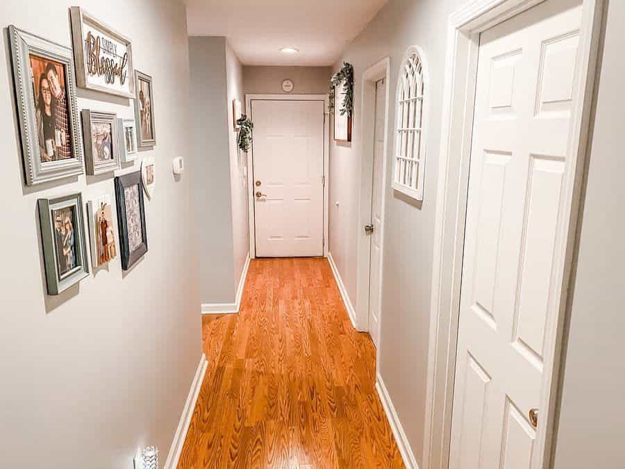 Rustic hallway with hardwood floors 