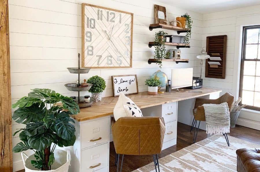 Rustic office with overlapping walls and vintage decor 