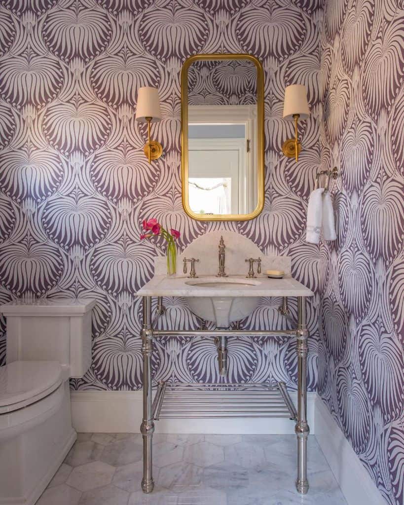Purple and white patterned wallpaper for powder room