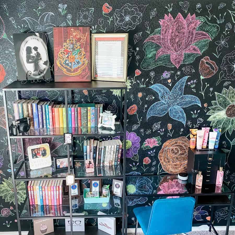Chalkboard paint, wall shelf, floral design, metal and glass shelf, desk unit 