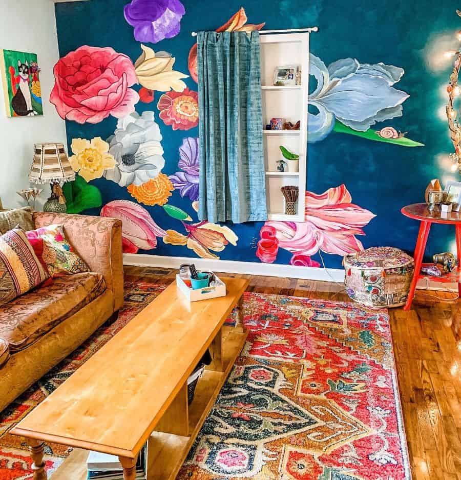 painted floral wall in colorful living room 