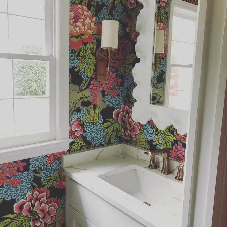 Colorful floral wallpaper for small bathroom