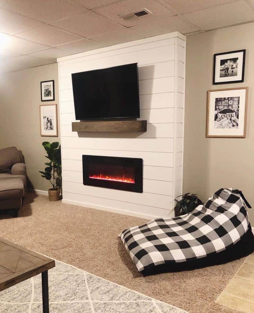 Shiplap wall-mounted fireplace, living room wall-mounted TV
