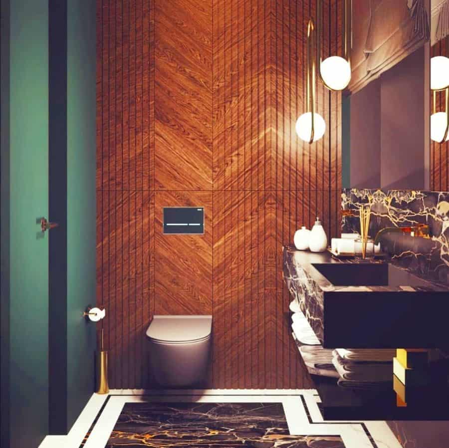 Luxury bathroom, wooden wall paneling, marble sink, floating toilet