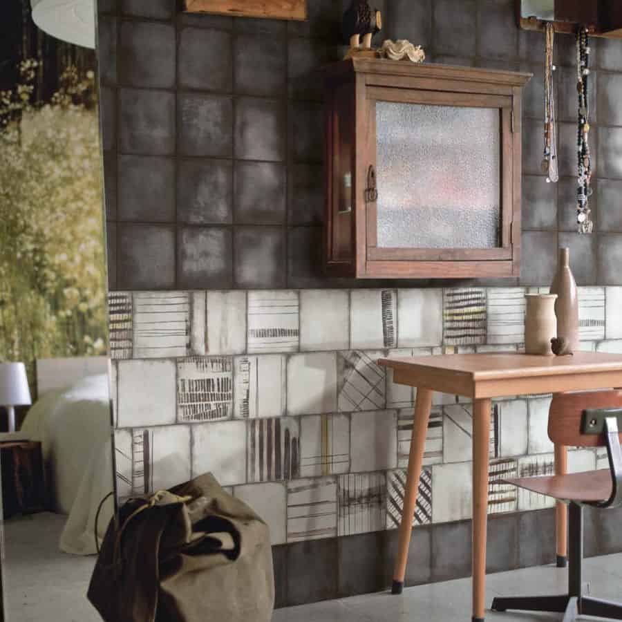 rustic bedroom tile wall, small brown desk and chair 