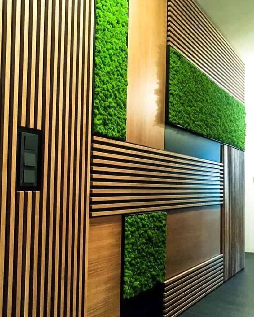 Wood panel wall artificial grass decoration 