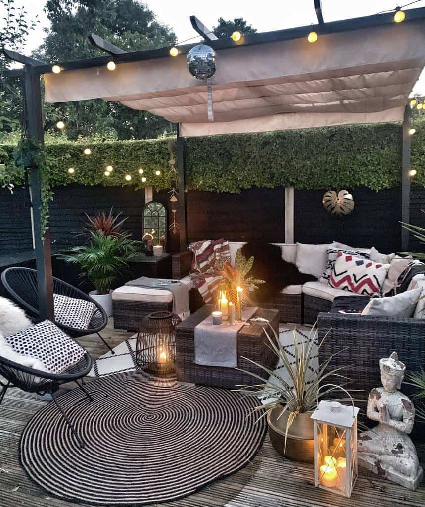 Luxurious outdoor patio with wicker furniture 