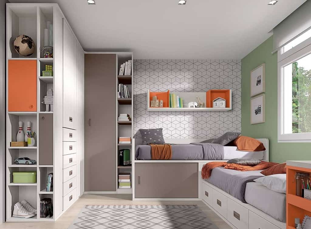 Bedroom wallpaper with geometric pattern, large wardrobe, small bed