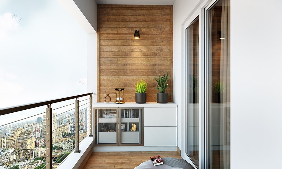 Interior design of apartment balcony with storage options