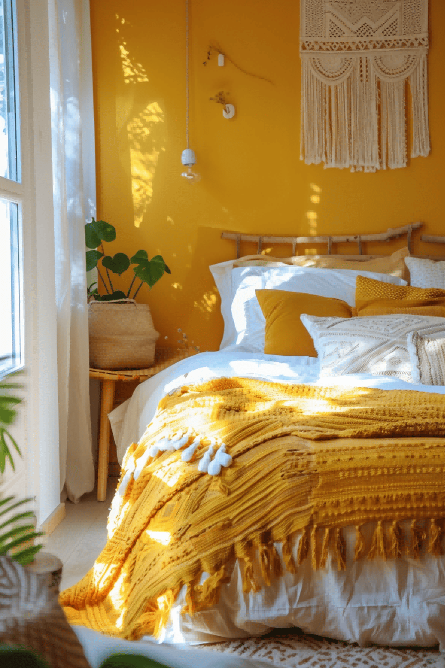 Sunny yellow tones in the boho-style bedroom 1709367159 1
