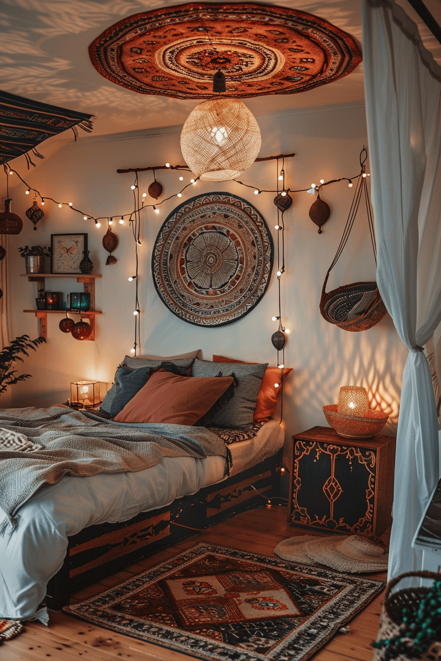 Warm lighting and accessories bedroom in boho style 1709384390 2