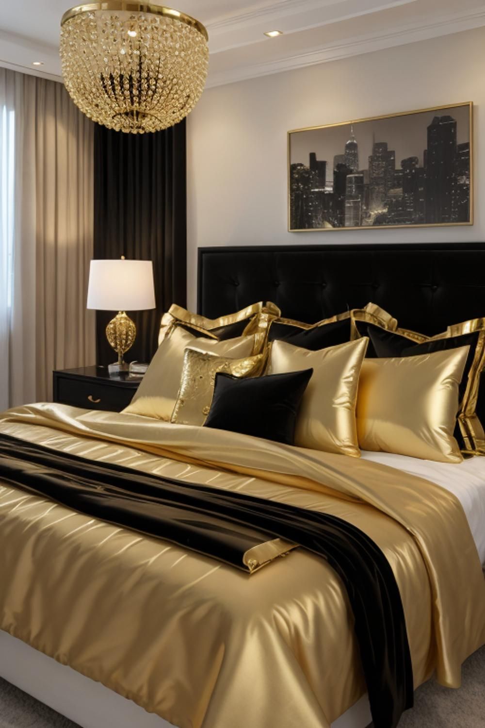 Elegant Bedroom Decor in Black, White, and Gold