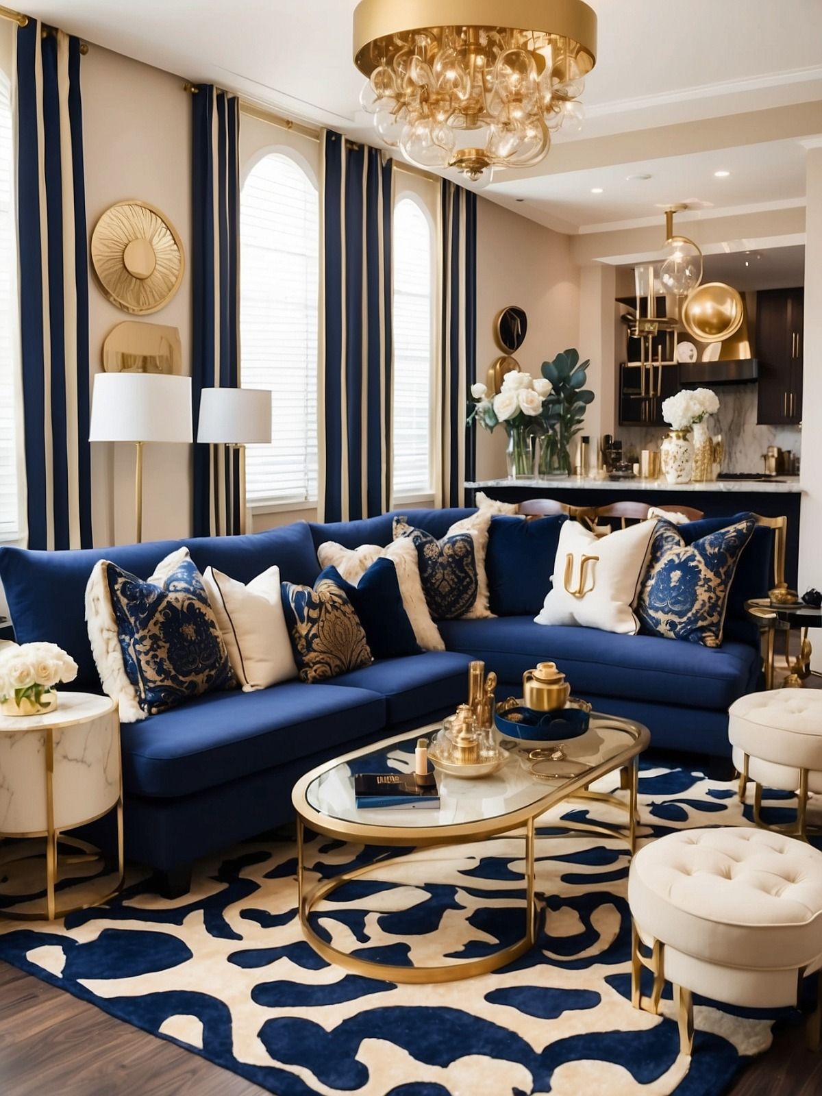 A Beautifully Decorated Blue and Gold Living Room