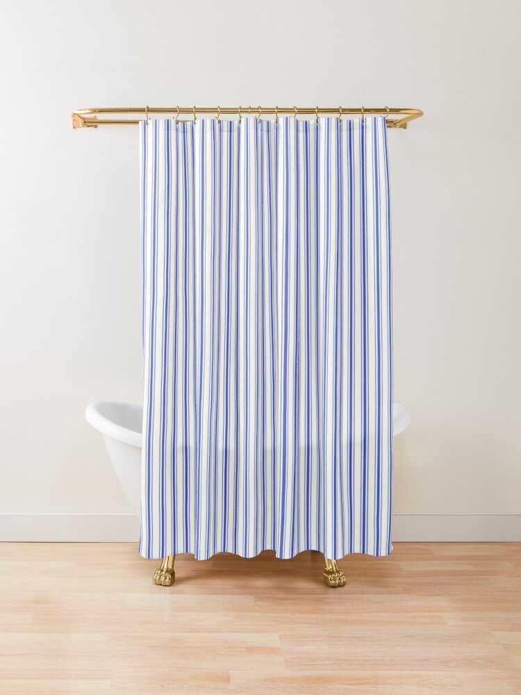 blue and white striped shower curtain