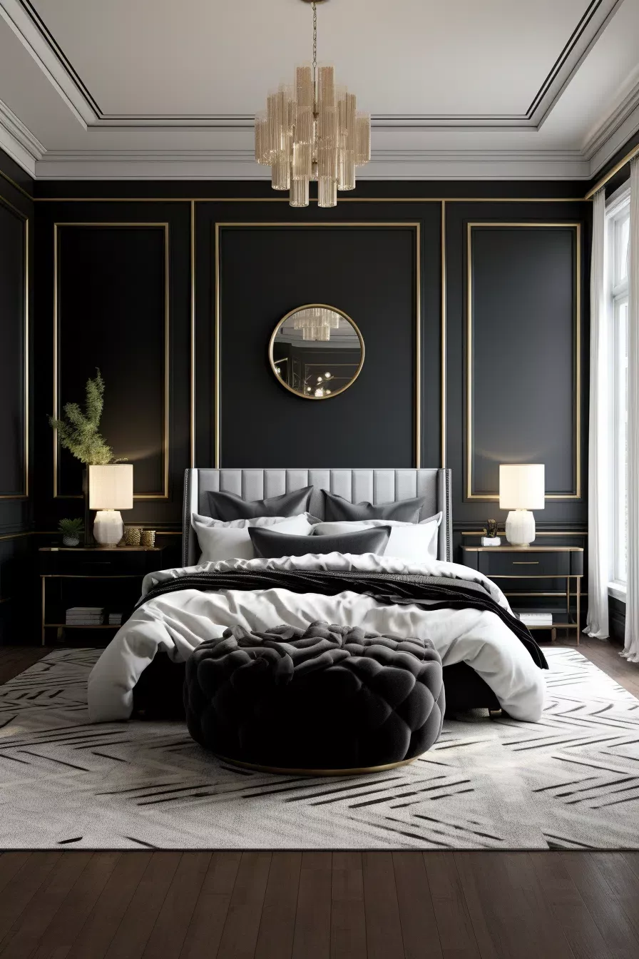 Elegant Bedroom Decor in Black, White, and Gold