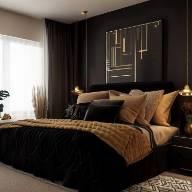 Elegant and Luxurious Bedroom Decor in Black, White, and Gold