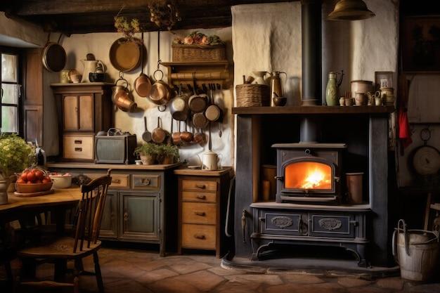 A wood-burning stove evokes nostalgia ⁢and warmth in ⁣a traditional country ⁢kitchen