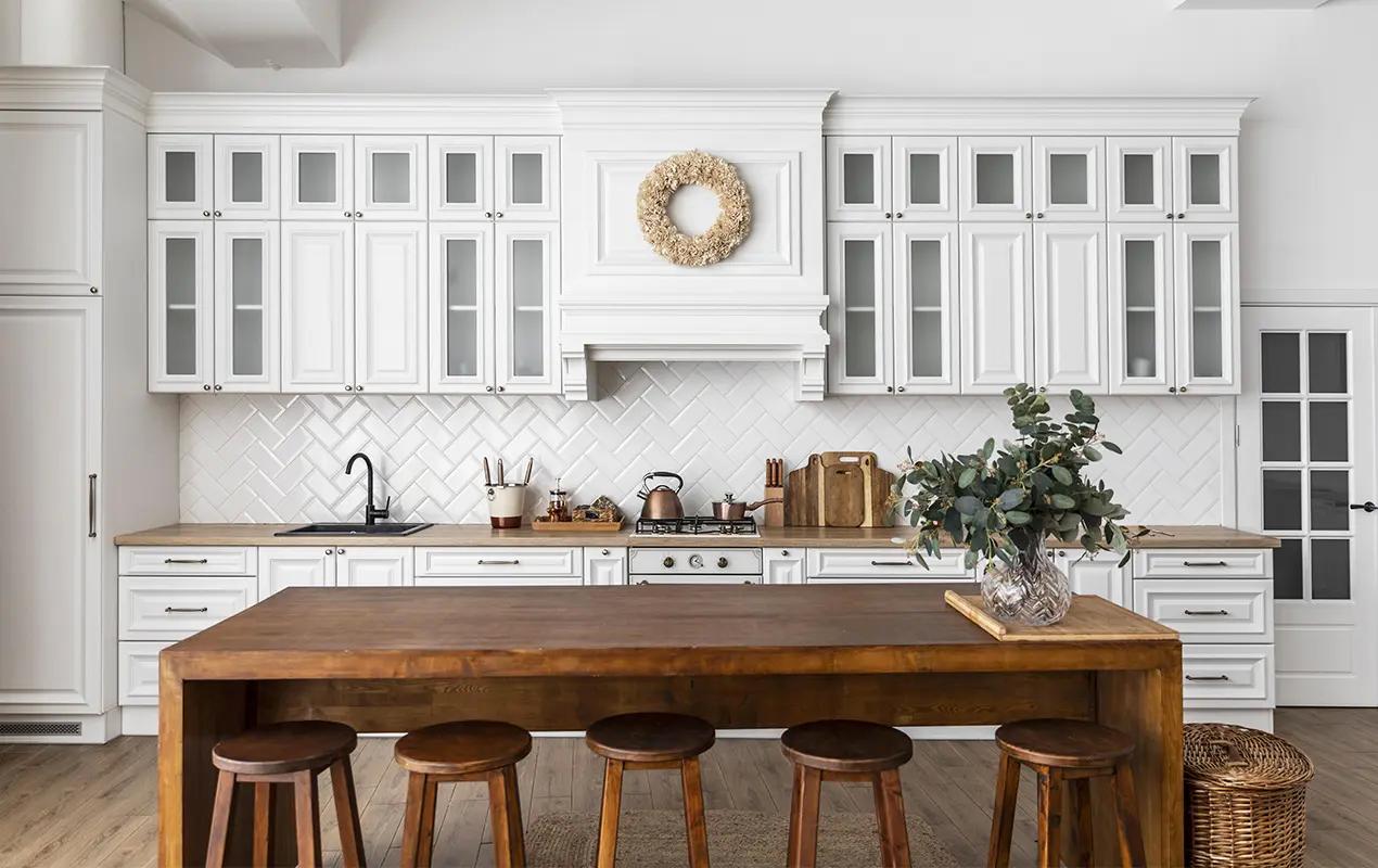 A farmhouse kitchen island for meal prep and casual dining experiences