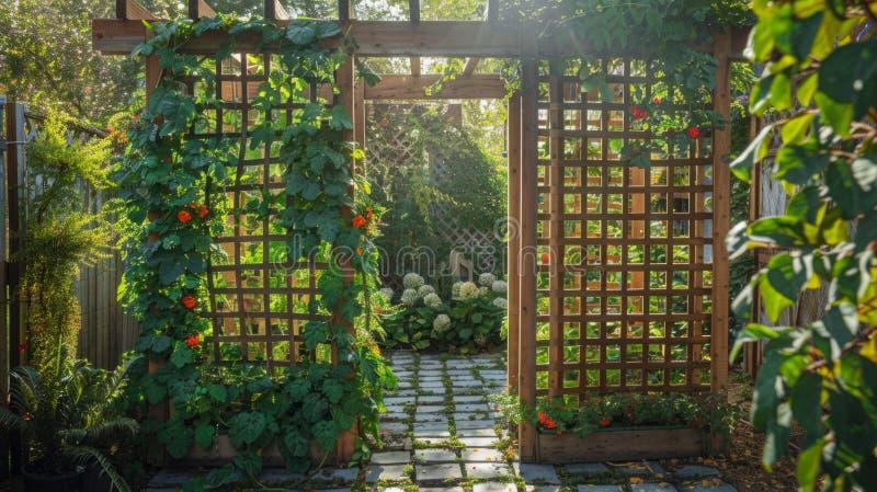 Add a trellis with climbing plants to enhance vertical interest in your backyard design