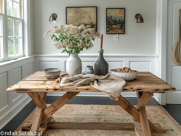 A wooden dining ‍table encourages family ‍gatherings in your cozy country kitchen