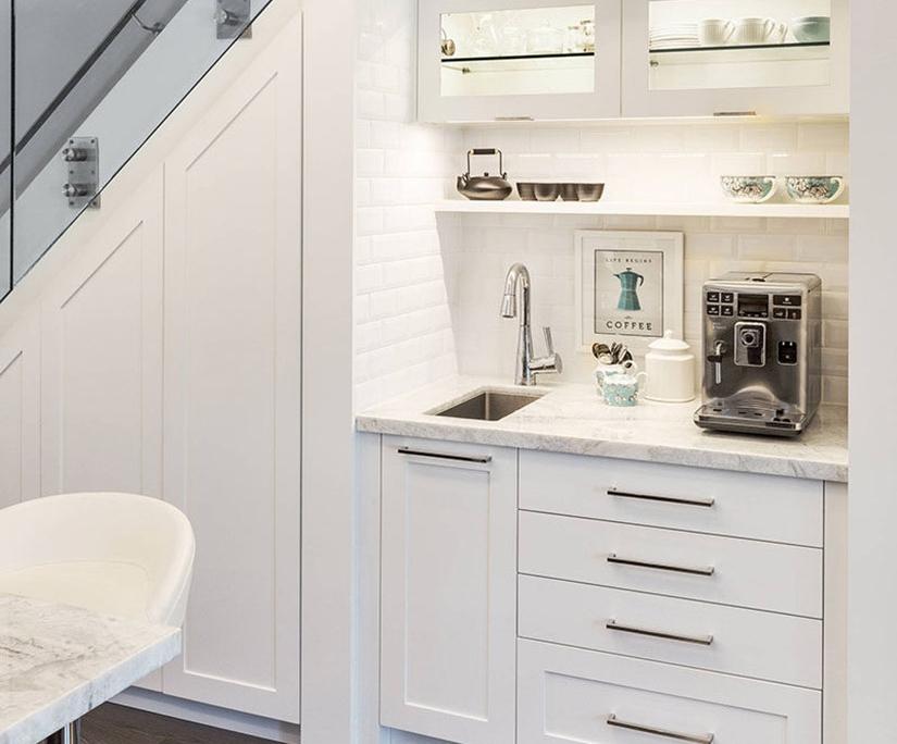 Design a mini coffee station in your under stairs kitchen for caffeine lovers