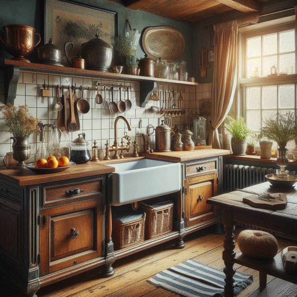 Antique appliances blend style and functionality​ in a country kitchen